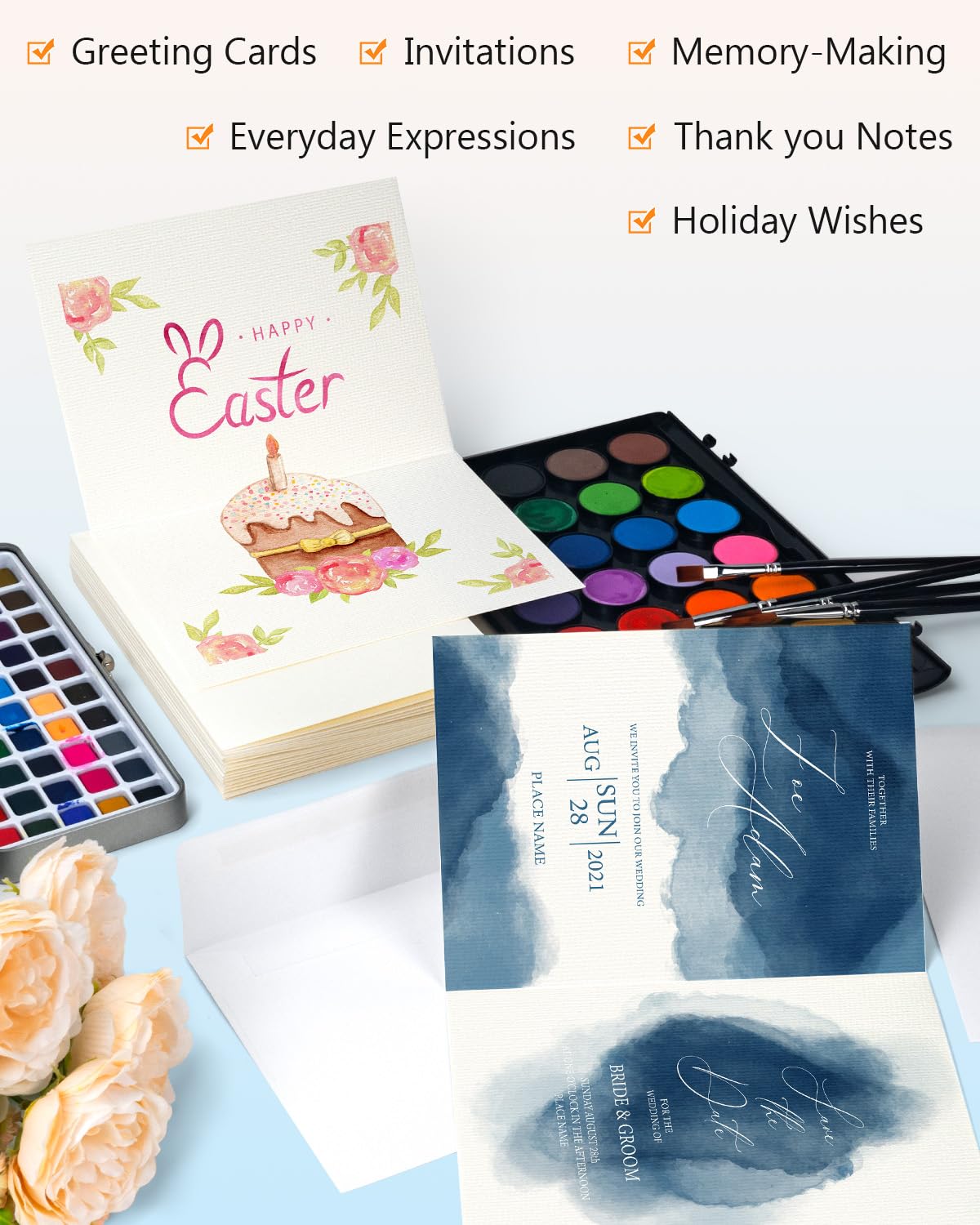Watercolor Cards and Envelopes Set - 50 Folded 5x7 Inch Blank Heavyweight Paper Cards (140lb/300gsm) with Matching Envelopes for DIY Greeting Cards, Festivals, and Events