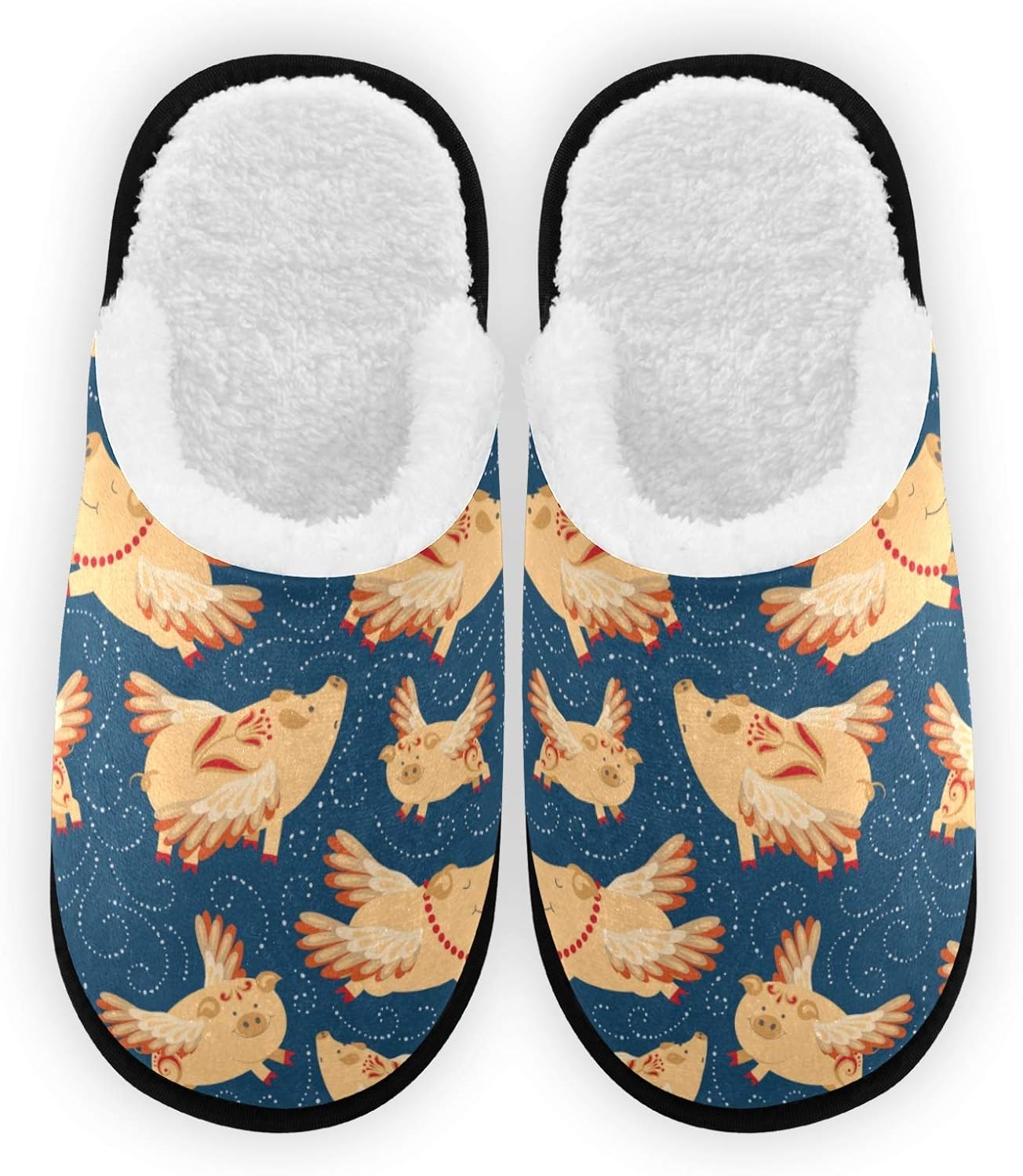 JUNZAN Women's Fuzzy Comfy Slippers Flying Pigs A Dark Blue Sky Slippers for Women Cozy House