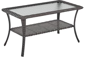 Rilyson Patio Tables Outdoor Coffee Table - Wicker Rattan Coffee Tables with 2-Tier Storage Shelf Glass Top for Outside Proch Deck Balcony Garden Rectangle Brown