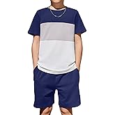 Arshiner Boys' 2-Piece Cotton Outfit Color Block T-Shirt and Shorts Set Casual Summer Clothes for Kids 6-14 Years