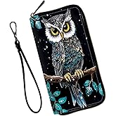 Mxfdegf Wristlet Wallet for Women Teen Girls RFID Blocking Credit Card Holder with Removable Wristlet, Leather Phone Wallet Clutch Large Capacity Ladies Travel Purse-Starry Owl