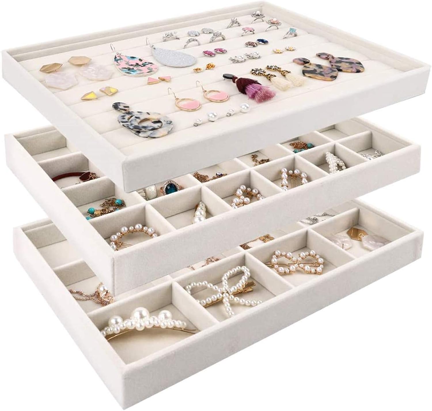 Mebbay Stackable Velvet Jewelry Trays Organizer, Jewelry Storage Display Trays All Velvet for Drawer, Earring Necklace Bracelet Ring Organizer, Set of 3 (Creamy White): Home & Kitchen
