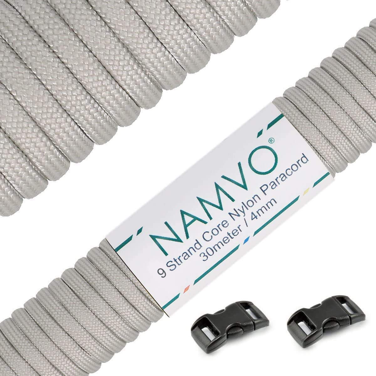 Namvo Mil Spec Type III Nylon Parachute Cord, 9 Inner Strands Strong Breaking Strength 4mm Diameter 100 Feet 550 Paracord Light Grey