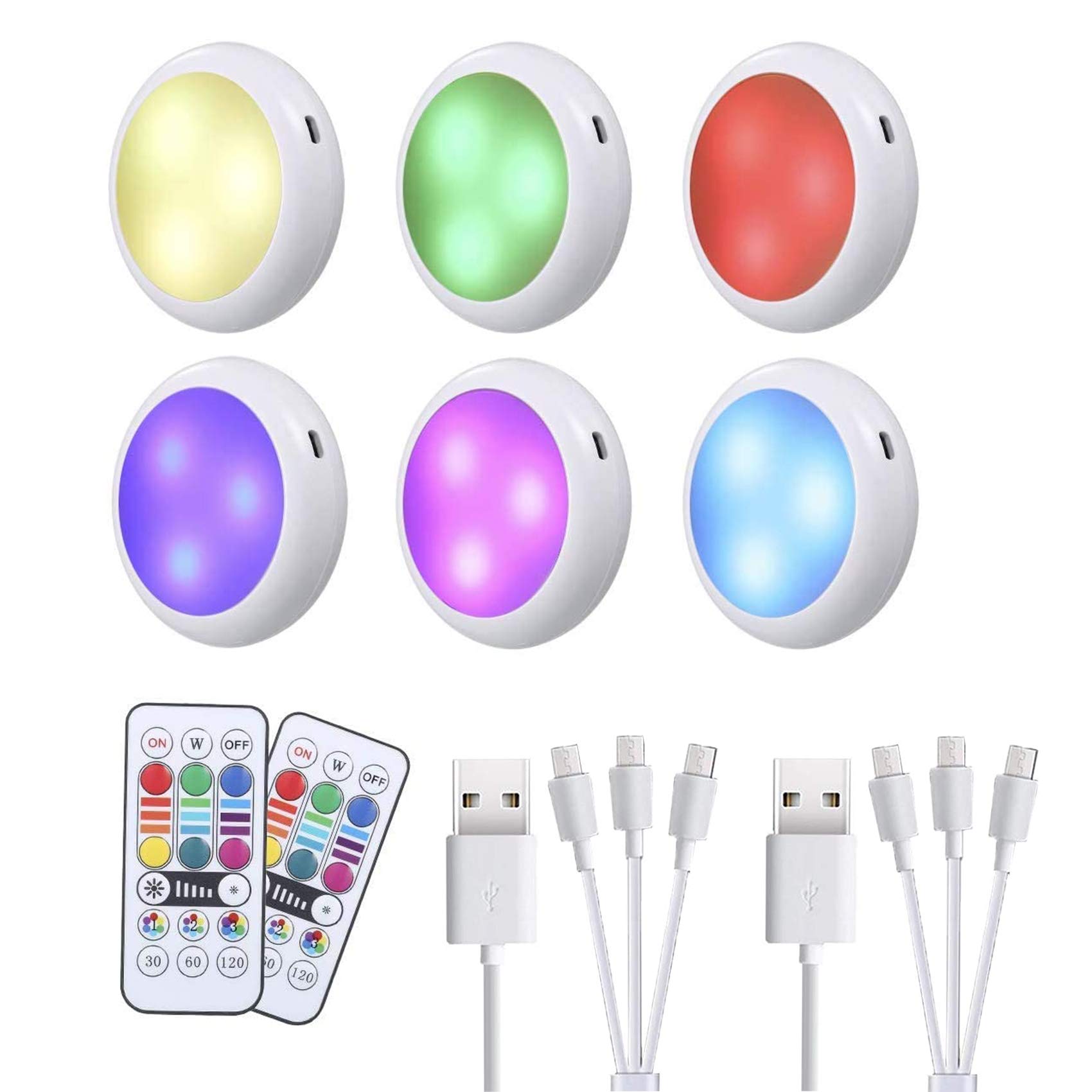 GreeSuit Under Cabinet Lights LED Wireless - Rechargeable Puck Cupboard Light USB Charge RGB Dimmable Remote Control Brightness Adjustable for Kitchen Bookcase Showcase Closet Pantry (6PCS)