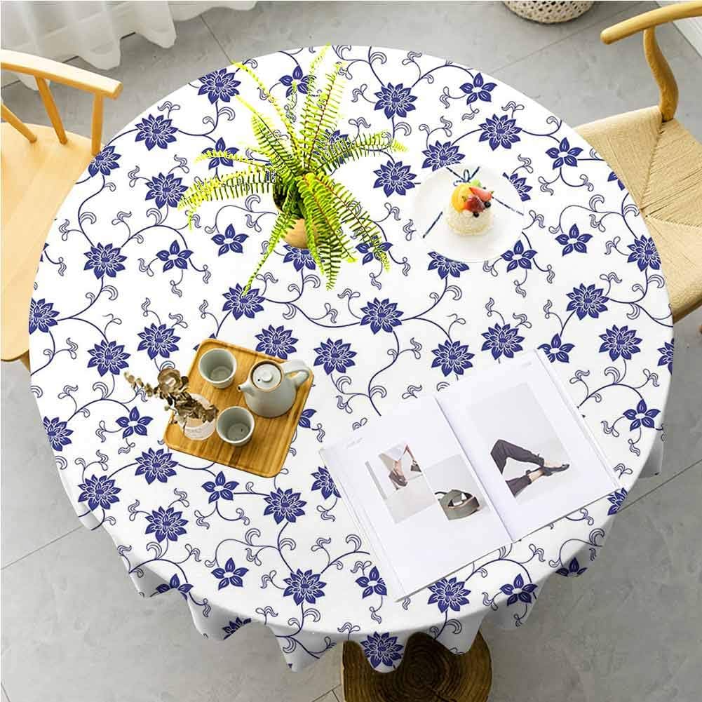 Blue Round outdoor tablecloth Hand Drawn Style Chinese Pattern with Flowers Nature Inspired Artistic Vintage Polyester Spill-Proof Water Repellent for Kitchen Dinning Tabletop Decoration, 60" Round