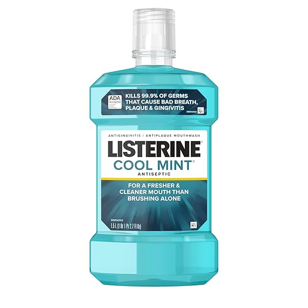 LISTERINE COOL MINT ANTISEPTIC MOUTHWASH, DAILY ORAL RINSE KILLS 99% OF GERMS THAT CAUSE BAD BREATH, PLAQUE AND GINGIVITIS FOR A FRESHER, CLEANER MOUTH, COOL MINT FLAVOR, 1.5 L