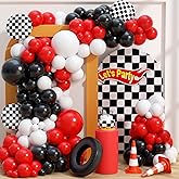 HKYOOD 153Pcs Race Car Balloon Garland Arch Kit - Red and Black White Checkered Balloon Arch Kit 18 10 5 Inch Different Size Balloons for Racing Car Two Fast 2nd Theme Birthday Party Decorations