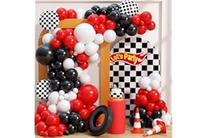 HKYOOD 153Pcs Race Car Balloon Garland Arch Kit - Red and Black White Checkered Balloon Arch Kit 18 10 5 Inch Different Size Balloons for Racing Car Two Fast 2nd Theme Birthday Party Decorations