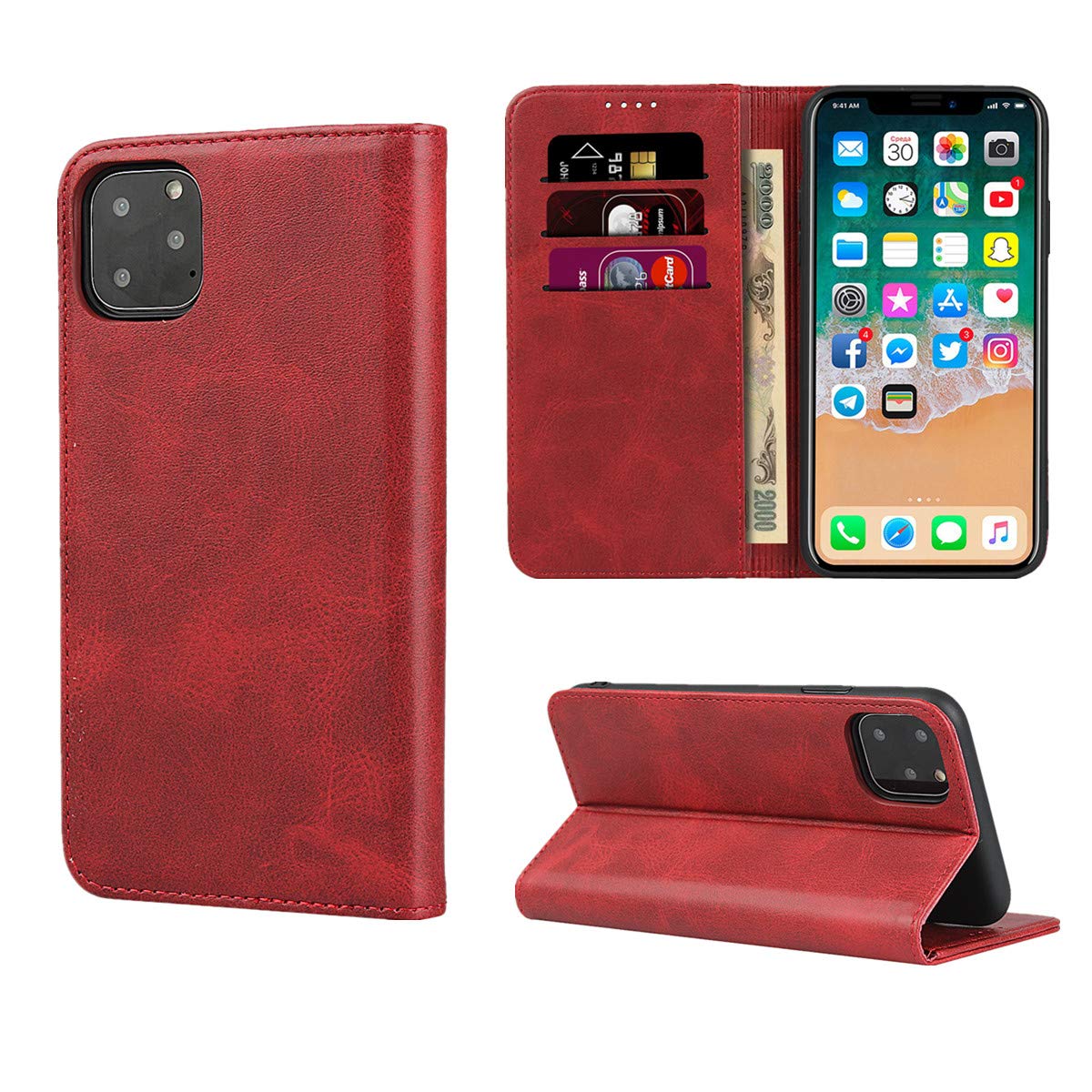 Copmob iPhone 11 Pro Case, iPhone 11 Pro Case, Premium Flip Wallet Leather Case, [4 Slots][Stand Function][Magnetic Closure], Case for iPhone 11 Pro – Red