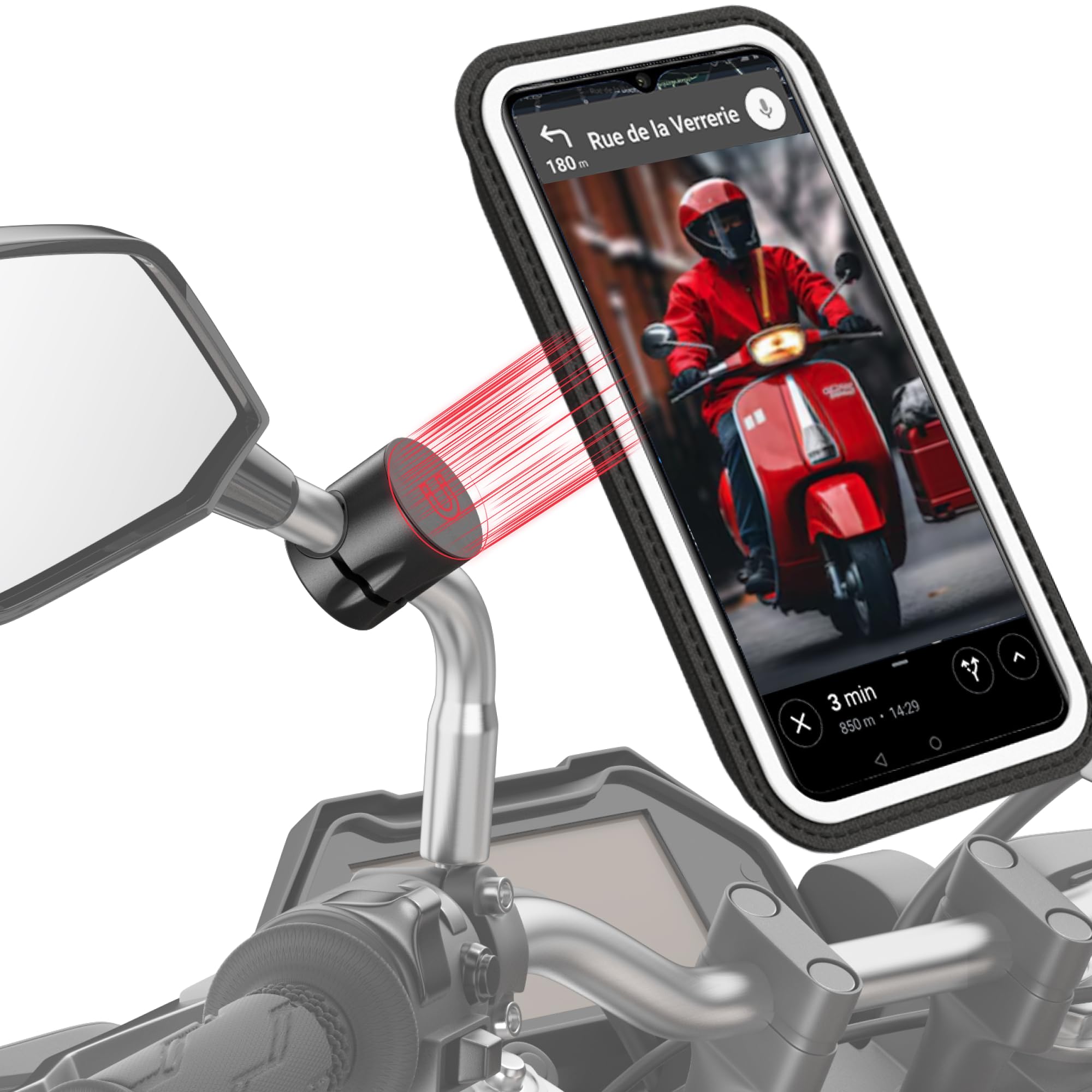 Shapeheart - Magnetic motorbike mirror phone holder Pro Moped phone holder smartphone holder Anti vibrations waterproof mount 360° orientation