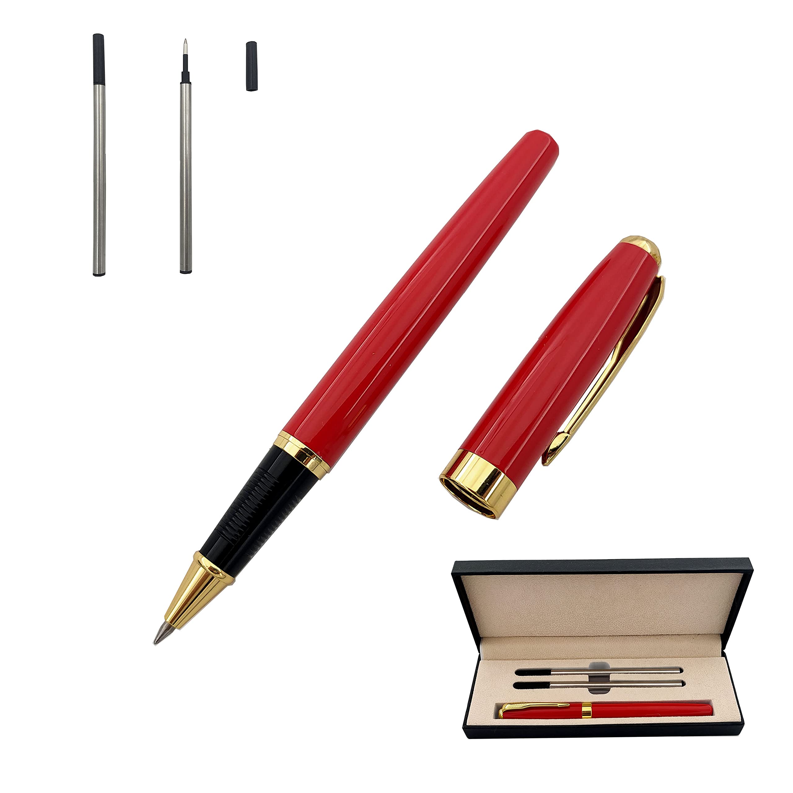 Accod Classic Metal Ballpoint Pen Business Ballpoint Pen Office Signature Pen Gel Pen with 2 Replacement Refills Gift Medium Nib Black Rollerball Pen for Men and Women (Red)