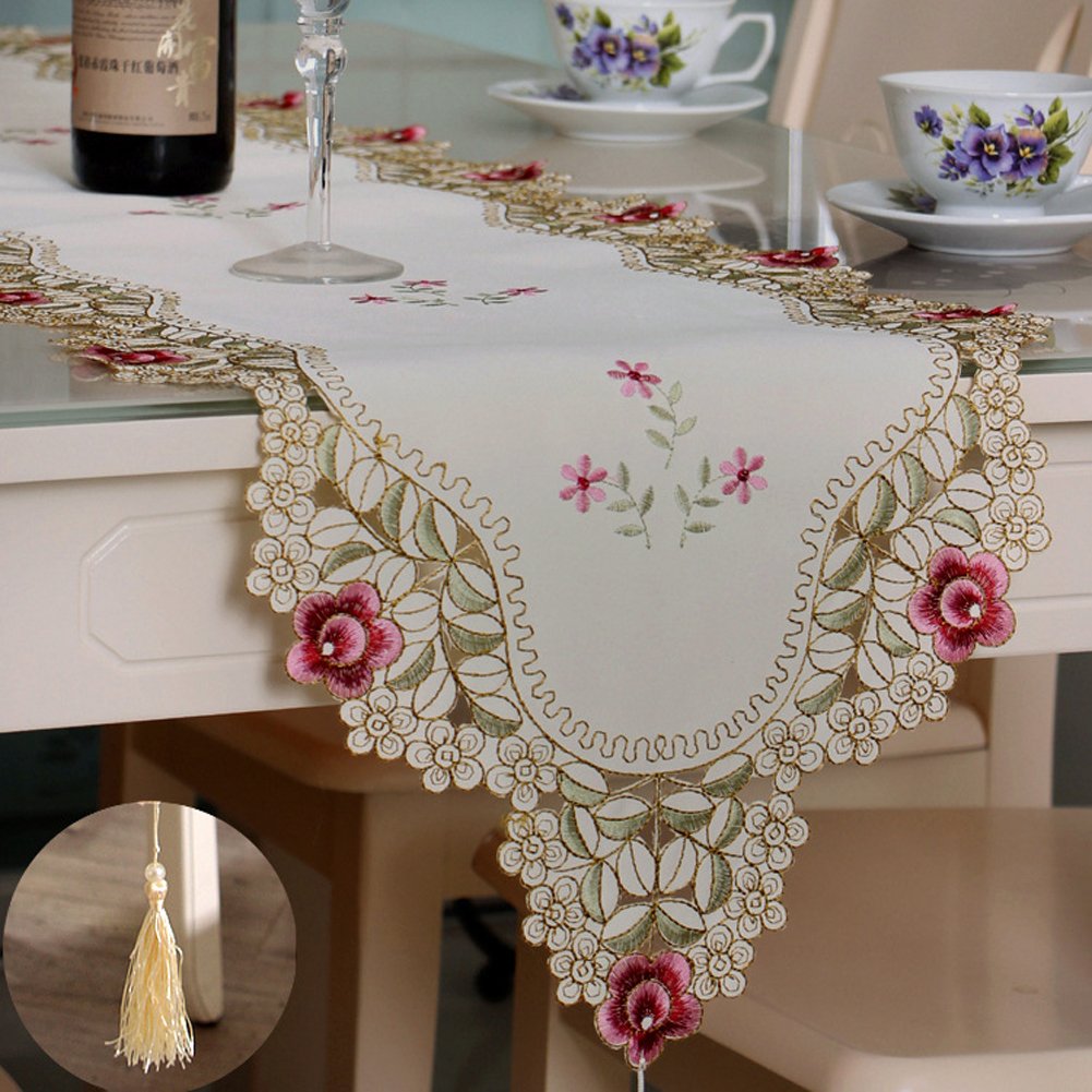 TEERFU Tablerunners 40x176cm, Washable Wedding Tea Table Cover Decoration Hollow Mesh Floral Tablecloth Vintage Embroidered Flowers Table Runner for Home,Party,Banquet
