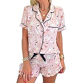 iTranyee Women 2 Piece Halloween Pajama Set Cute Print Satin Short Sleeve Button Up Shirt Elastic Waist Shorts Set Sleepwear