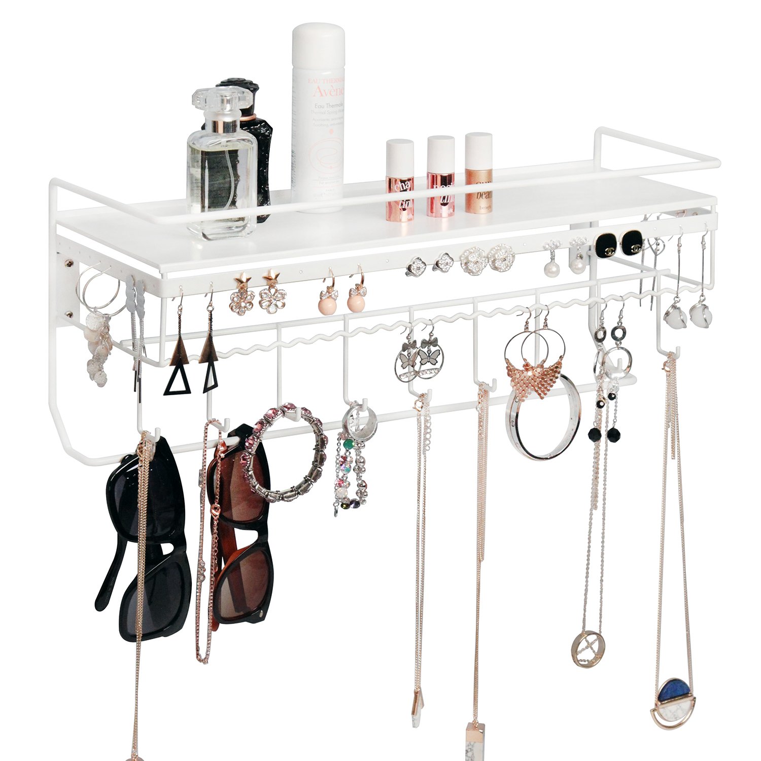 JackCubeDesign Wall Mounted classic White Iron Designer made Cosmetics Storage Shelf w/Necklace Jewellery Organiser Shelf Earrings Holder – :MK238B