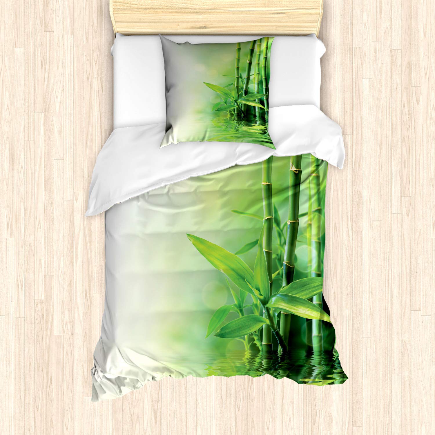 ABAKUHAUS Asian Duvet Cover Set, Bamboo Stalks Reflection on Water Blurs Freshness Japanese Nature Spa, Bedding Set 2 Pieces with 1 Pillow Shams, 135 cm x 200 cm, Green Pale Yellow — image 1