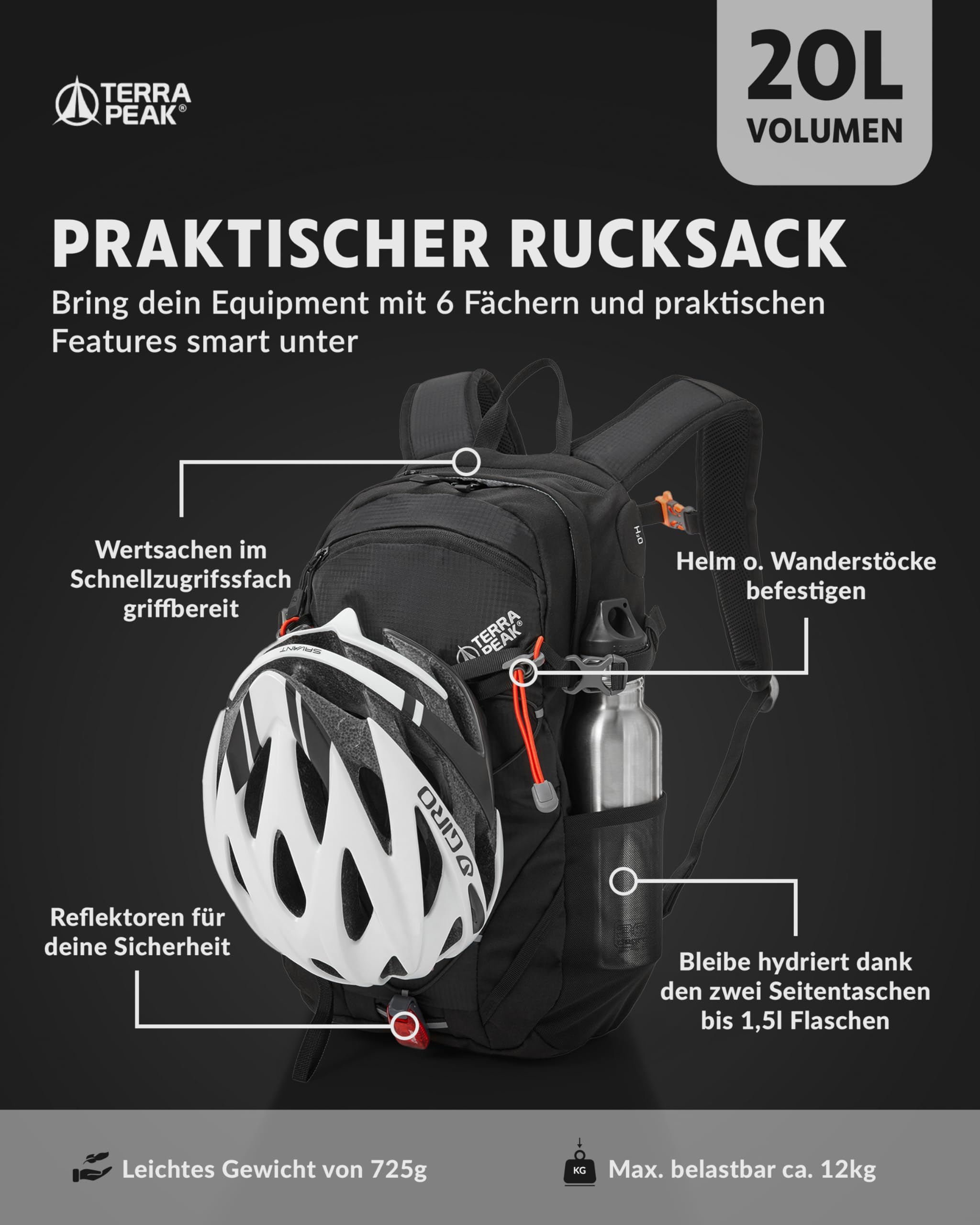 Terra Peak® Premium Wanderrucksack 20L (FLEX 20) Damen Herren & Erwachsene klein schwarz - Trekking-Rucksack wasserdicht - Daypack Rucksack & Tagesrucksack mit Trinksystem, Rückenbelüftung zum Wandern 3