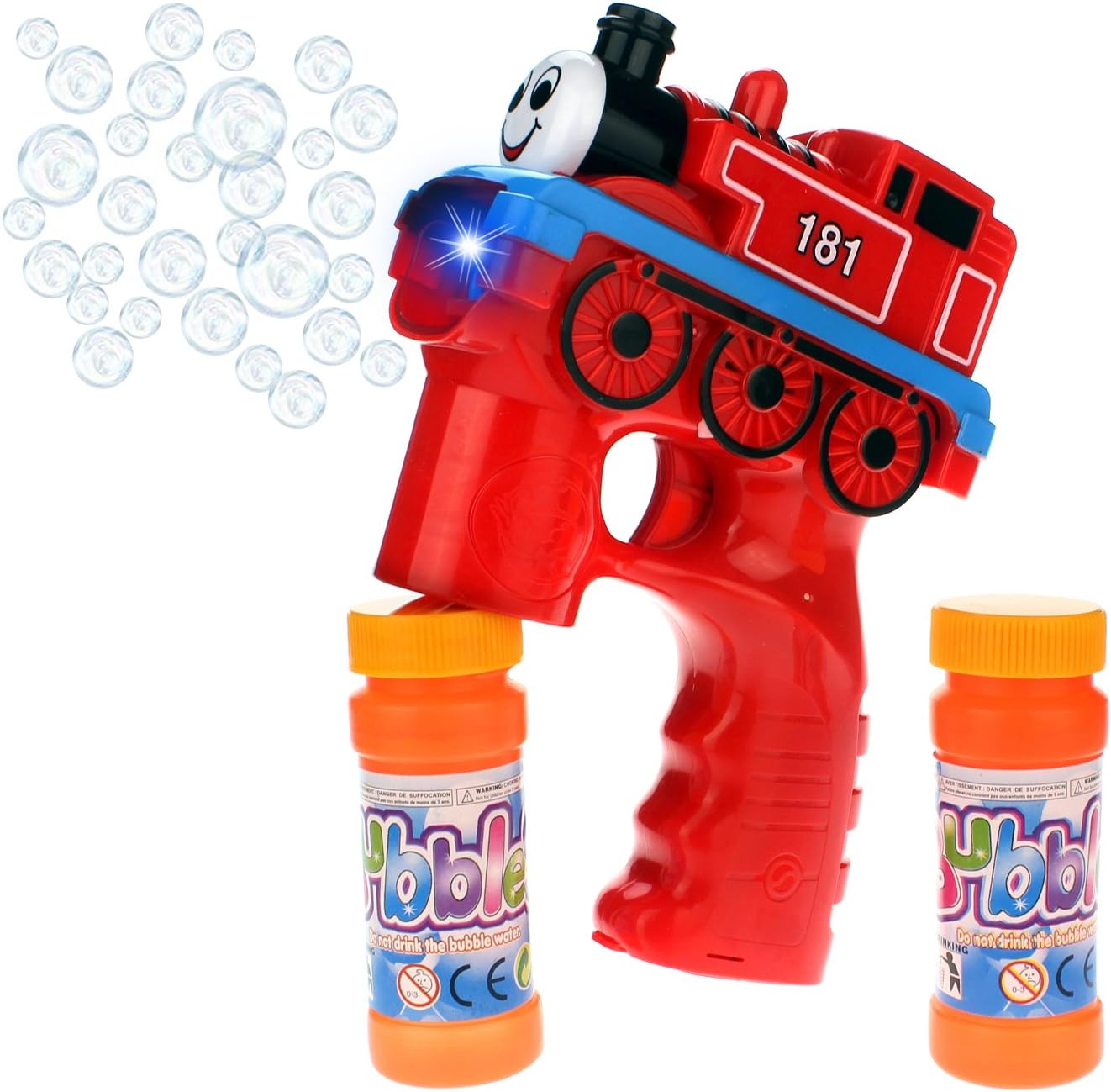 181 Express Train Locomotive Battery Operated Toy Bubble Blowing Gun w/ Light, Sounds, 2 Bottles of Bubble Liquid (Colors May Vary)
