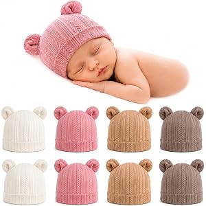 8 Pack Newborn Baby Hats 0-3 Months, Pure Cotton Bear Ear Infant Beanies, Ribbed Hospital Bag Essentials Nursery Caps for Gri
