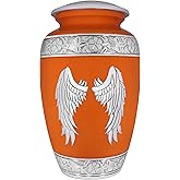 NANIURN Cremation Urns for Human Ashes Adult Female or Man, Funeral Urn for Ashes for Woman & Male, Burial or Decorative Urns, Hand Engraved Angel Wings Urn, Silver Wing, Red & Orange - Large Size