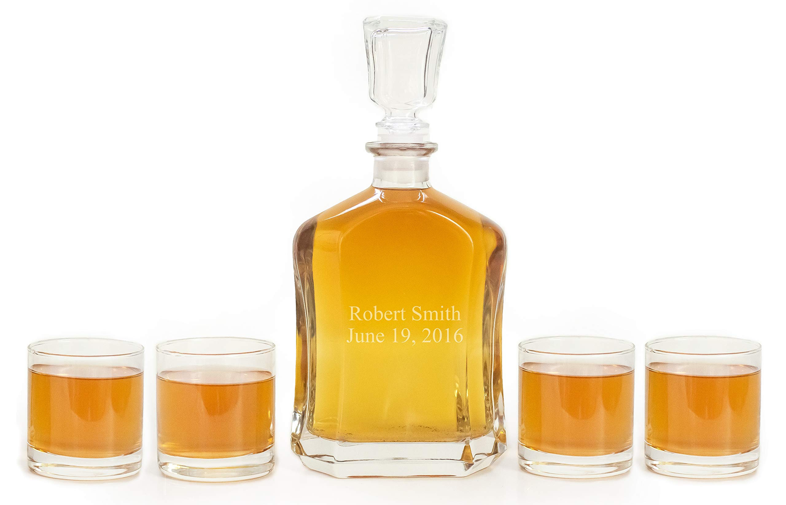 Personalized Whiskey Decanter with 4 Glasses (23 oz Decanter, 2 Lines Design), Custom Gift Set for Men, Groomsmen | Personalized Birthday and Fathers Day Gift for Men, Dad, Husband, Grandpa