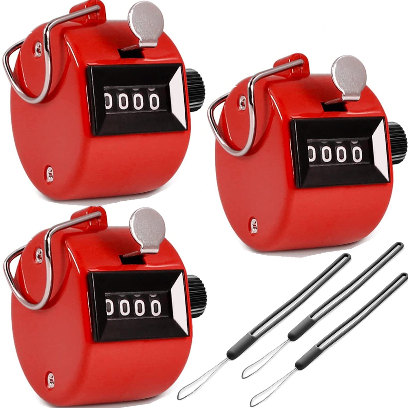 FRGEMFOLS Handheld Tally Counter with Lanyard 3pcs, 4-Digital Mechanical Palm Manual Number Clicker with Finger Ring for Golf Baseball (red)