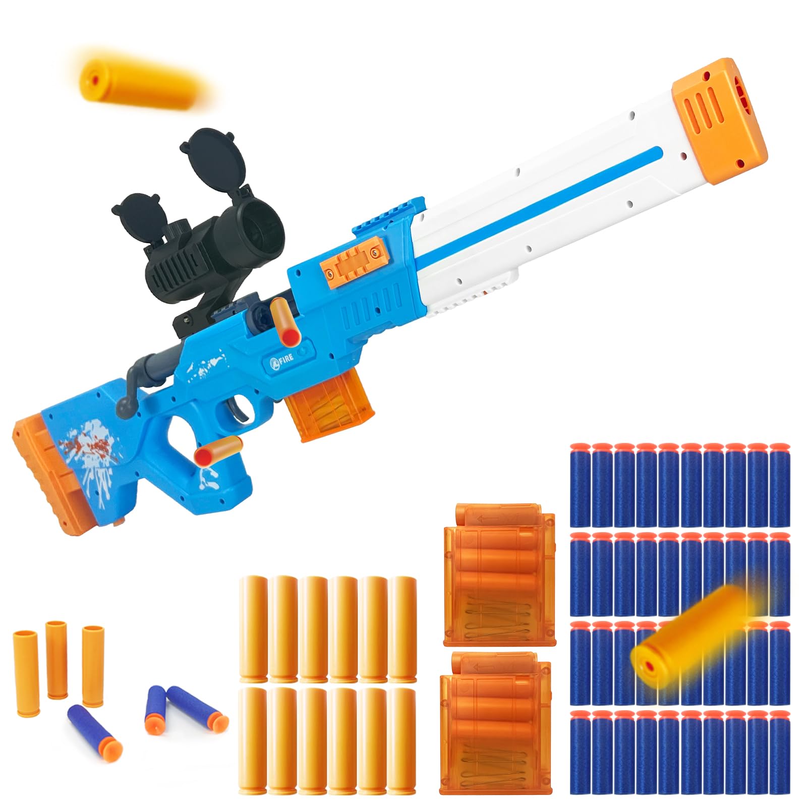 ZONZTER Toy Gun Models Foam Blasters Soft Bullet, Shell Ejecting Toy, 12 Shell Case 40 Soft Darts 2 Magazines, Blaster Gun Shot - bule