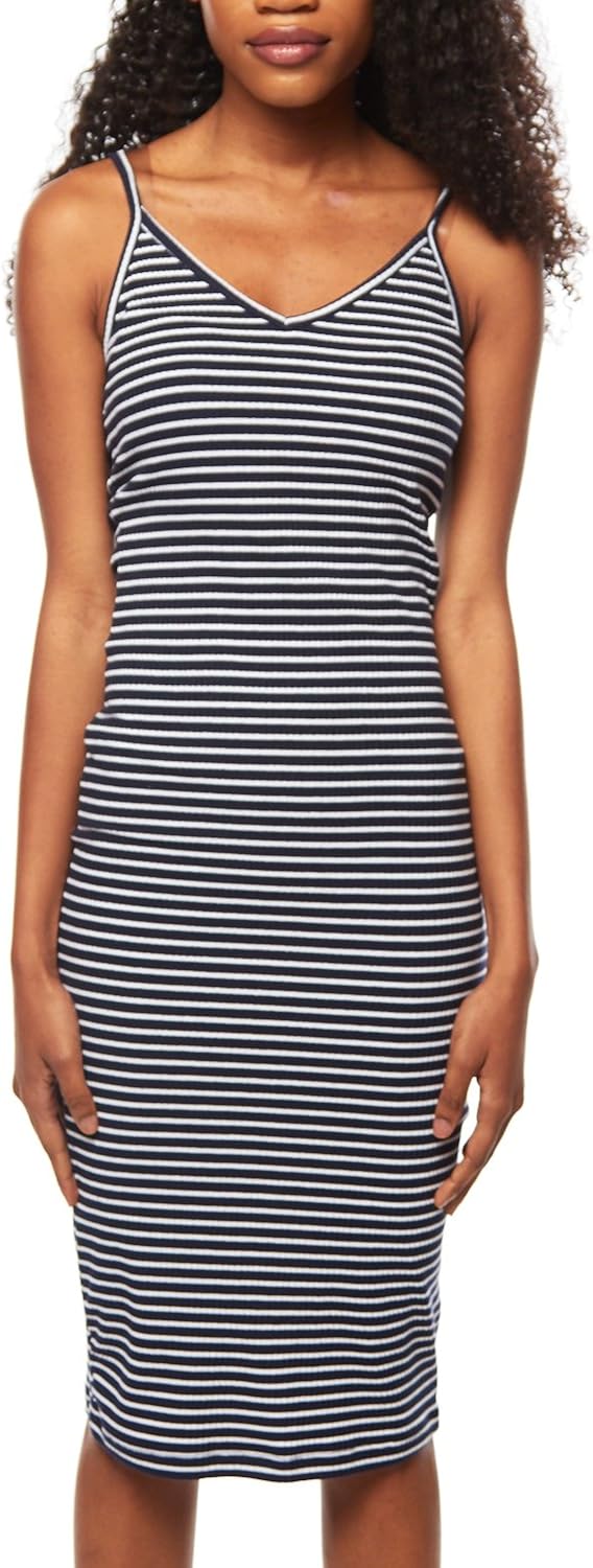 Womens Stripe Spaghetti Strap Tank Casual Long V Neck Cut Dress RD42950