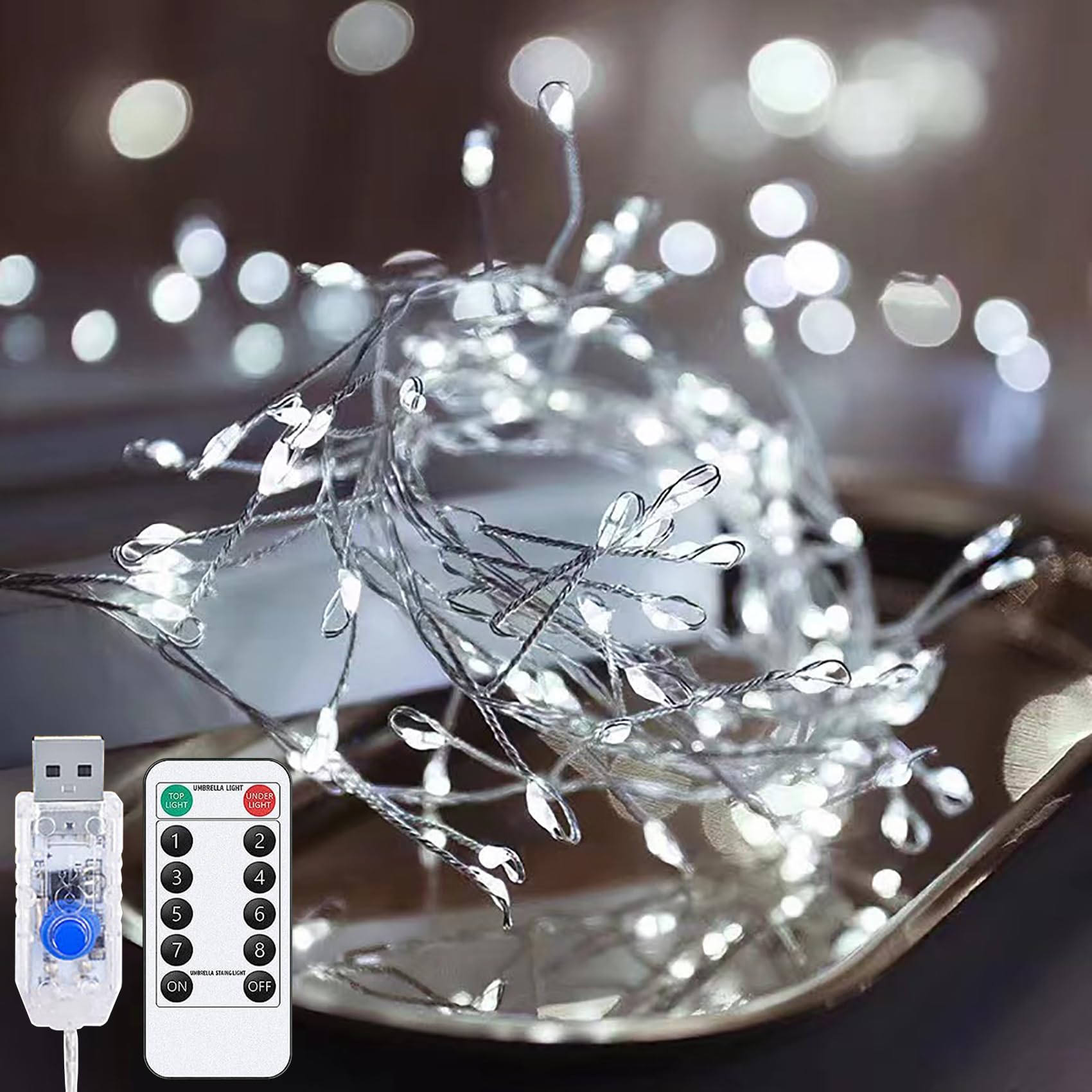 DINOWIN Mini Firecrackers String Light 9.8Ft 100 LED USB Operated 8 Modes Cluster Chain Fairy String Lights with Remote Control Firefly Lights for Xmas Party Home Garden Decoration (White)