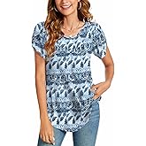 SUNNEGOO Women's Short Sleeve Tops Summer Shirts Loose Casual Flowy Blouses Pleated Print Tunic Tops for Women