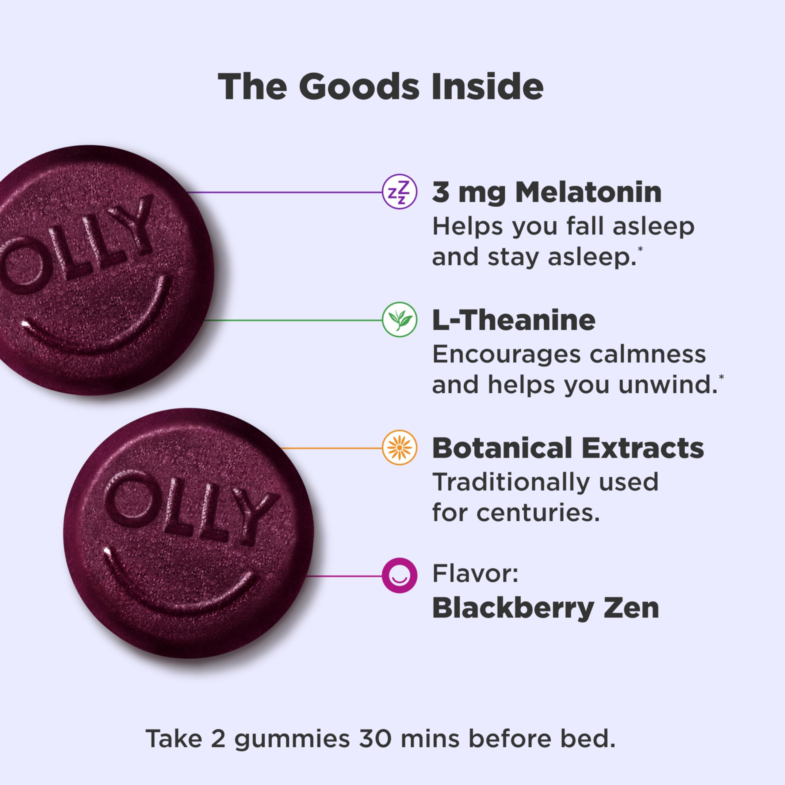 OLLY Sleep Gummy, 3 mg Melatonin, L-Theanine, Chamomile, and Lemon Balm Extracts, Blackberry Flavor, 30 Day Supply - 60 Count