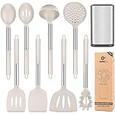 Silicone Cooking Utensil Set, 8Pcs Non-stick Cookwares with Stainless Steel Handle, BPA Free Heat Resistant Kitchen Tools with Spatulas, Turners, Spoons, Skimmer and Pasta Fork (KHAKI)