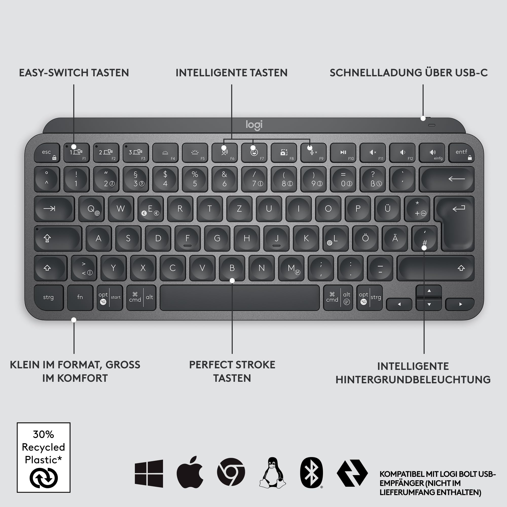 Logitech MX Keys Mini Kabellose Tastatur, Kompakt, Bluetooth, Hintergrundbeleuchtung, USB-C, Kompatibel mit Apple macOS, iOS, Windows, Linux, Android, Metallgehäuse - Dunkelgrau 7