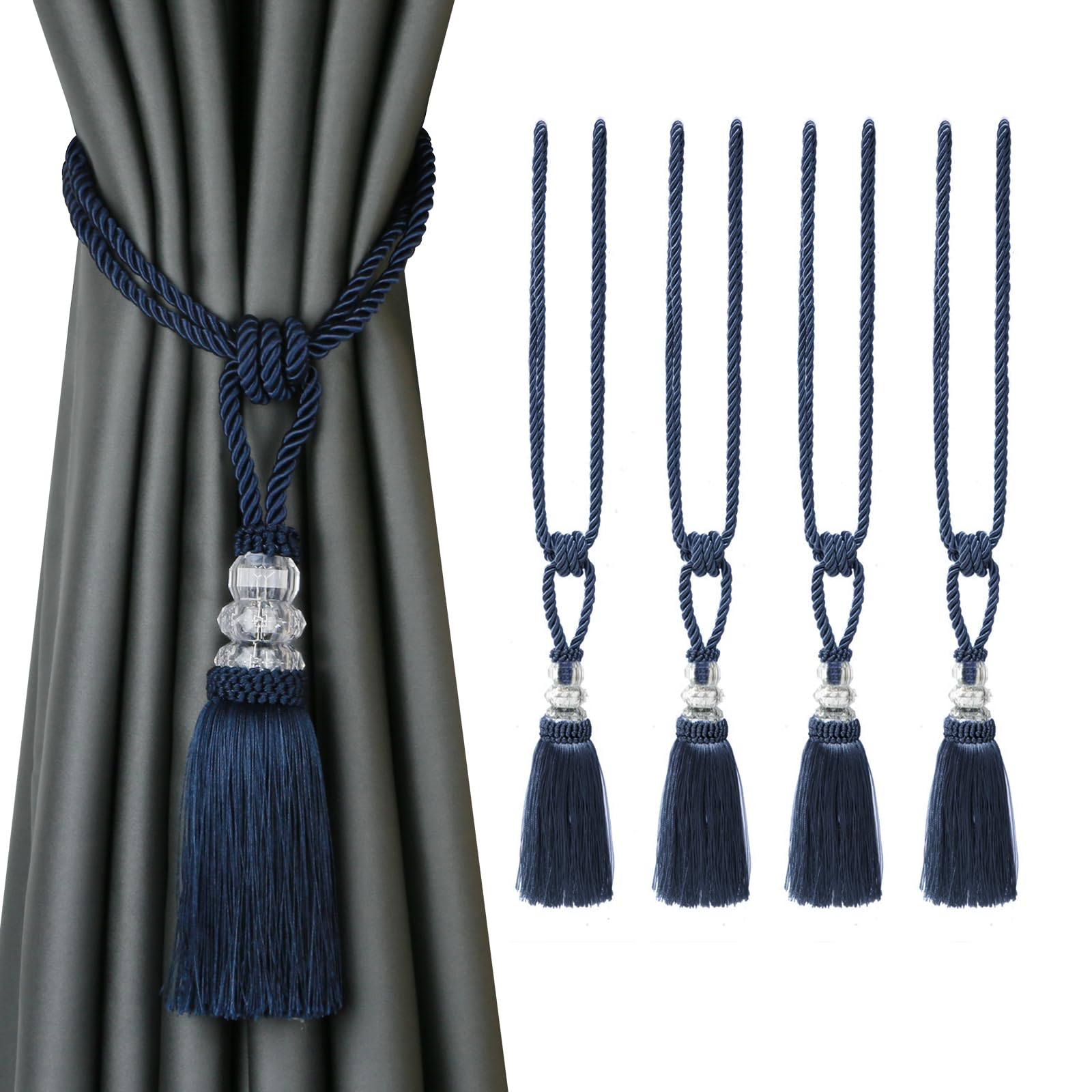 Photo 1 of BEL AVENIR 4 Pack Curtain Hand-Woven Tiebacks Crystal Holdbacks Home Decorative Tassels (Navy, 4 Pack)