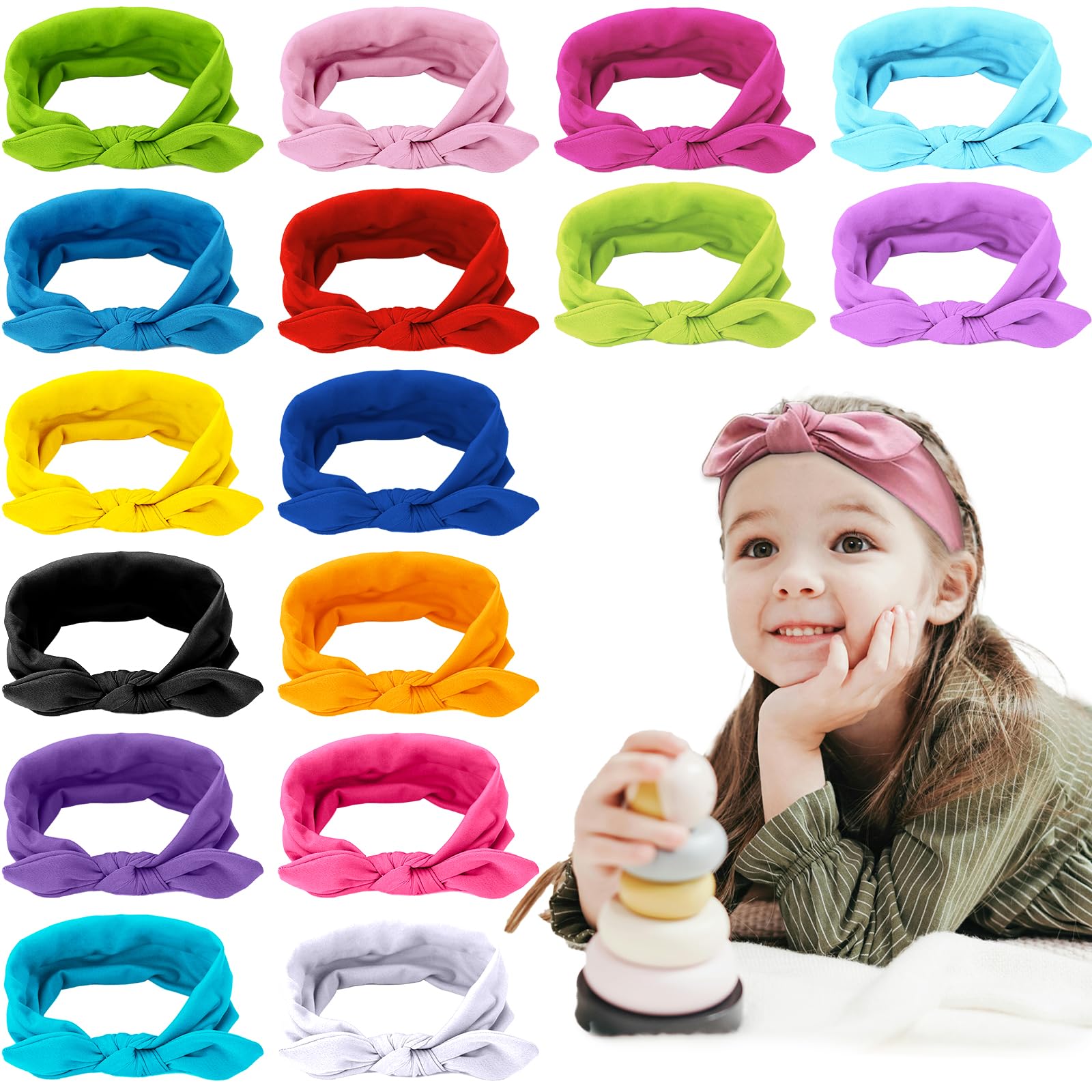 Photo 1 of WEBBYBEAR 16 Pieces Colorful Headbands for Girls, Removable Rabbit Ear, Solid Color Knot Headwrap Bowknot, Elastic Polyester Cloth Hair Accessories