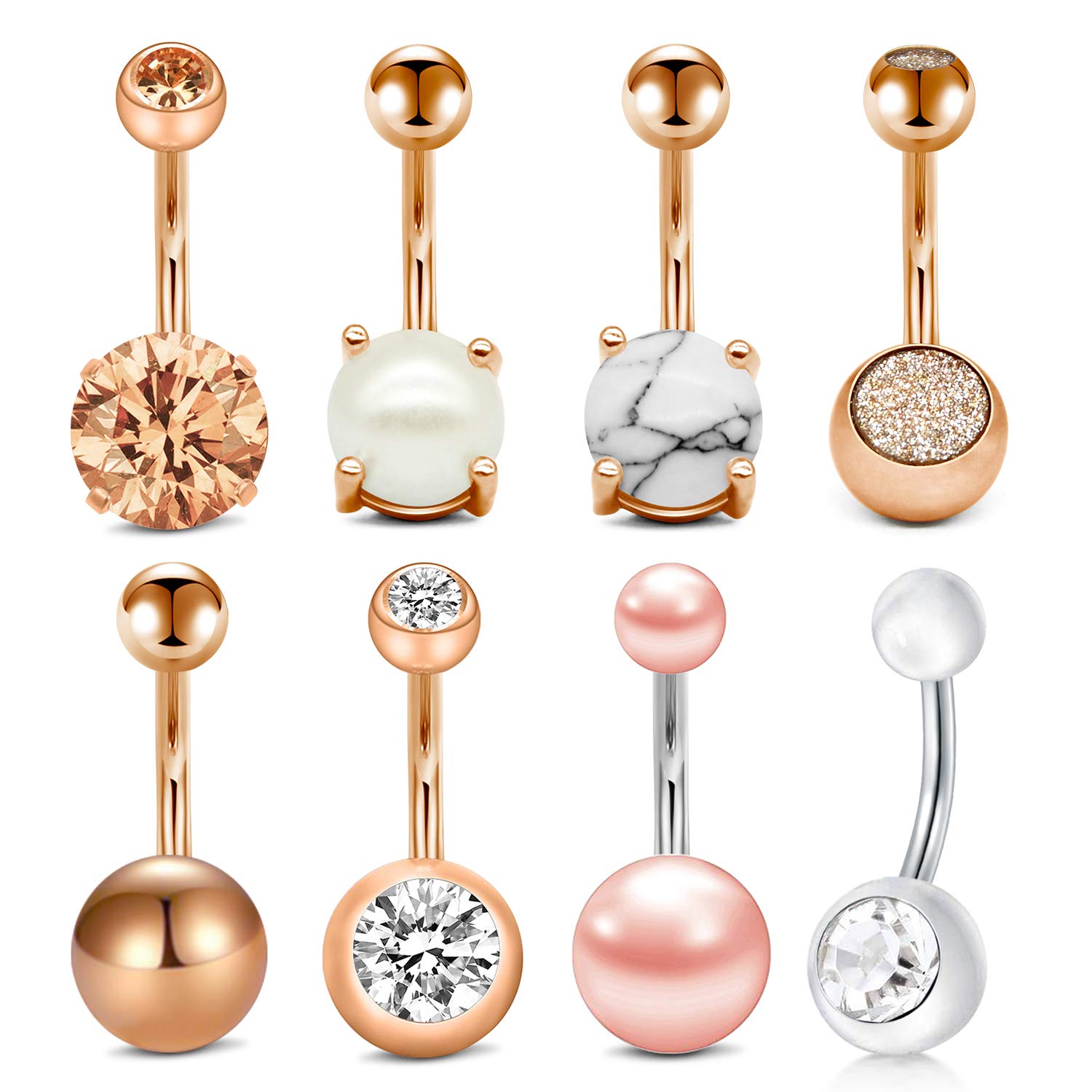 incaton Belly Bar Belly Button Rings Surgical Steel 14 Gauge 10mm Crystal Ball CZ Navel Rings Piercing Jewellery 8PCS Rose Gold