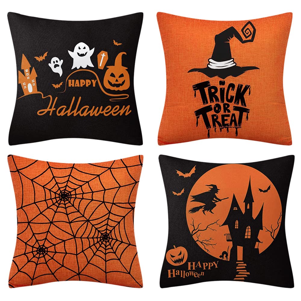 Keyohome 4pcs Halloween Pillow Case Orange and Black Cover, Scary Night Trick or Treat Cover Linen Throw Cushion Happy Sofa Bed Decor 45×45cm