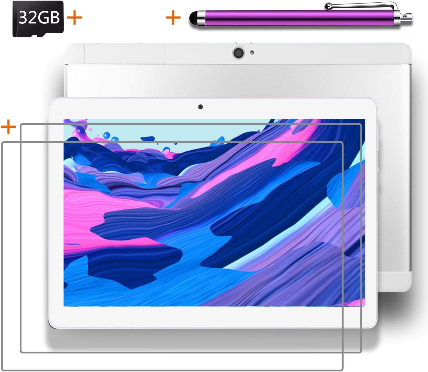 LNBEI Android Tablet 10 inch with SIM Card Slot Unlocked +(2) Screen Protector +32GB SD Card +(1) Stylus Pen - IPS Screen 3G Phablet with WiFi GPS Bluetooth Tablets - Silver & White (2GB+32GB)