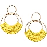 SELFWIMG Raffia Hoop Earrings for Women Fun Boho Summer Beach Earrings Lightweight Handmade Straw Wicker Rattan Dangle Earrings Statement Geometric Round Drop Earrings