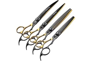 Fenice Peak 8'' Black and Gold Two-color Dog Grooming Scissors Set Straight Thinning Curved and Chunker Shears 4PCS Set with Pattern Screw and Ergonomic Offest Handle 440C Sharp and Durable