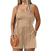 Eytino Plus Size Jumpsuits for Women Loose Summer Smocked Square Neck Sleeveless Short Rompers with Pockets(1X-5X)