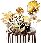 DKBT 13Pcs Gold Cake Toppers Kit Happy Birthday Acrylic Banner Sequins Balloon view 1