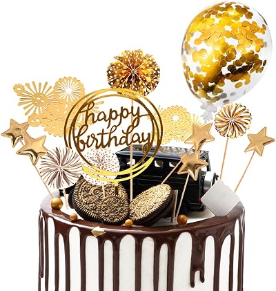DKBT 13Pcs Gold Cake Toppers Kit Happy Birthday Acrylic Banner Sequins Balloon