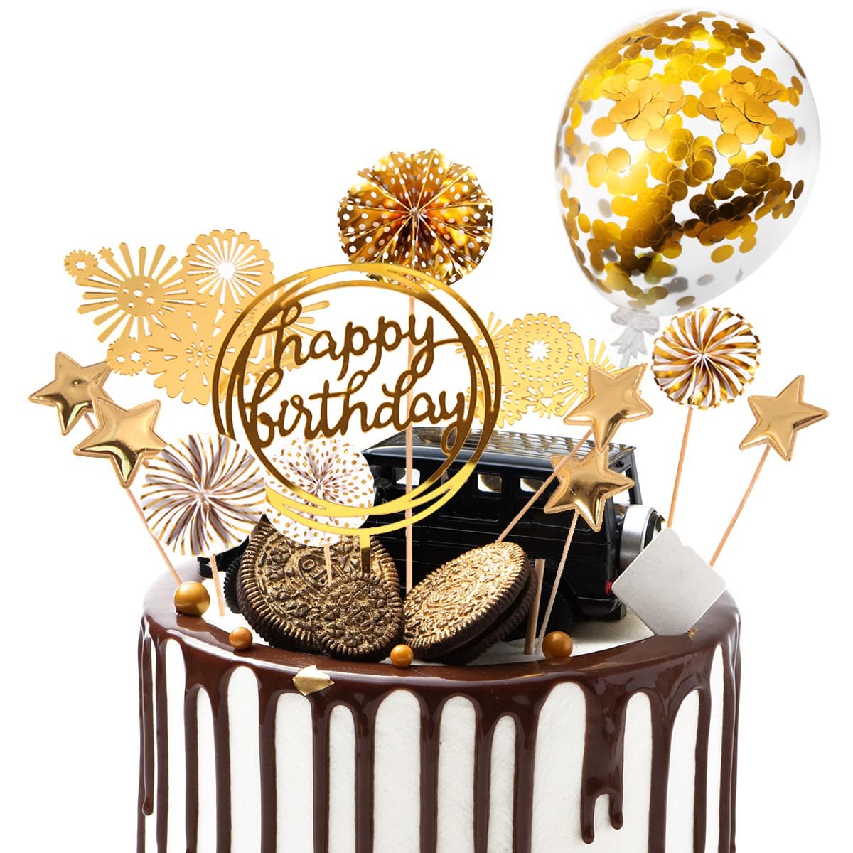 Cake Decorations 13Pcs Cake Toppers Kit Cupcake Topper with Golden Paper Fans Happy Birthday Acrylic Banner Sequins Balloon Fireworks Stars for Gold Theme Birthday Party Anniversary Cake Decor