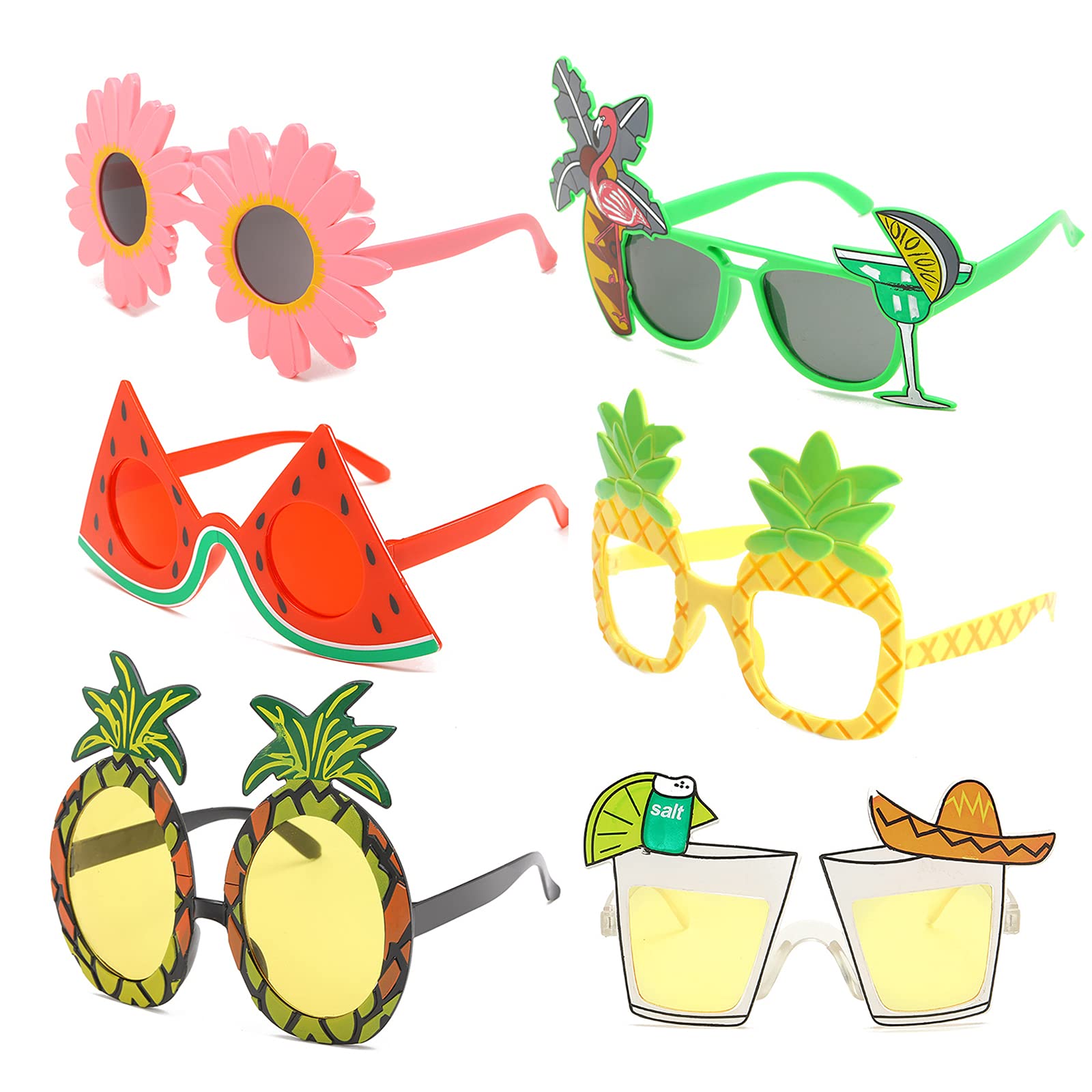 Gukasxi 6 Pairs Luau Party Sunglasses Novelty Funny Hawaiian Tropical Eye Glasses Eyewear Cocktail Party Supplies Eyeglasses Summer Beach Party Sunglasses Photo Props for Adults (Multicolour B)
