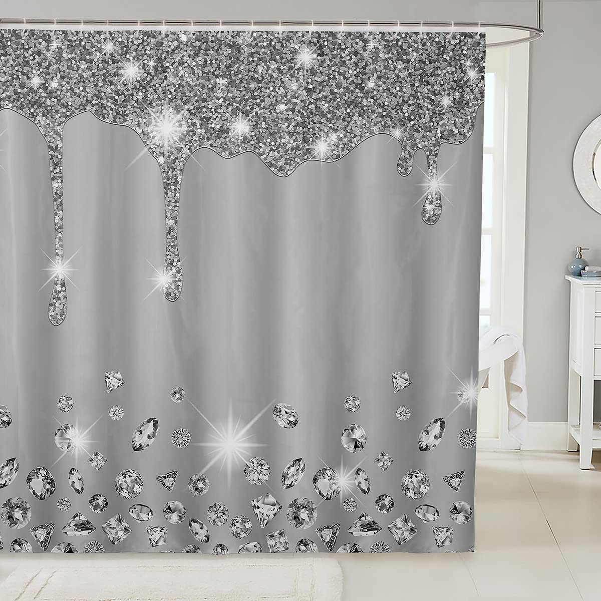 Loussiesd Silver Glitter Shower Curtain (No Glitter) Bling Partyations Grey Bathroom Fabric Set for Diamond and Jewelry Bath Waterproof Curtains Stalls Bathtubs 59x71 Inch — image 1