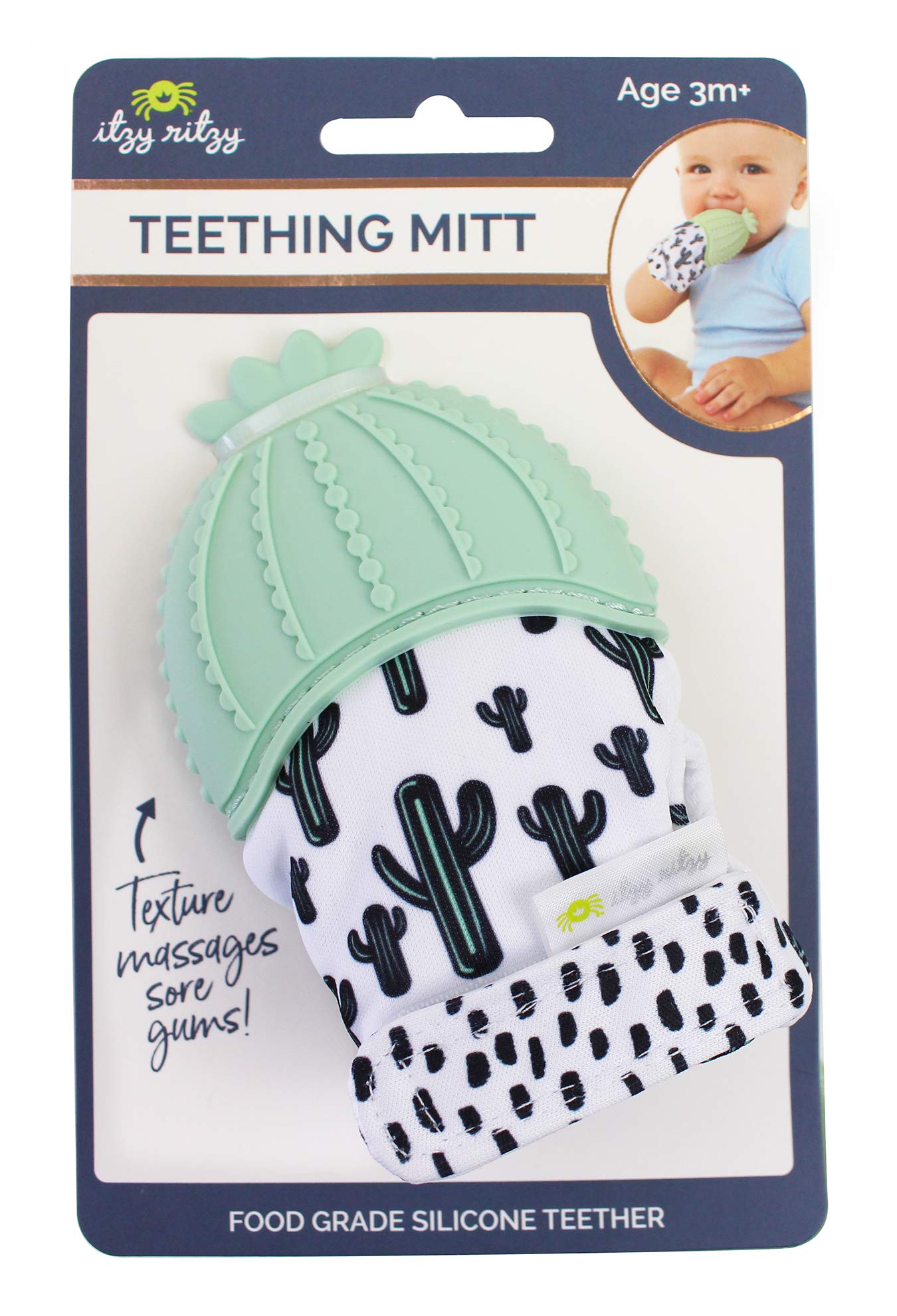 Itzy Ritzy Silicone Teething Mitt - Soothing Infant Teething Mitten with Adjustable Strap, Crinkle Sound & Textured Silicone to Soothe Sore & Swollen Gums - For Ages 3 Months & Up (Cactus)