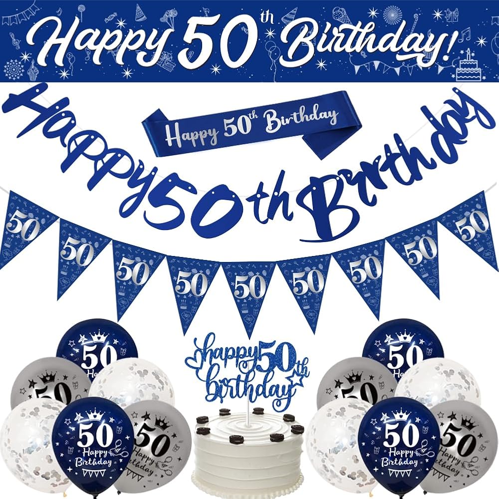 Yontree Navy Blue Silver 50th Birthday Decorations Set with Balloons & Banner