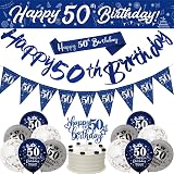 Yontree Navy Blue Silver 50th Birthday Decorations Set with Balloons & Banner