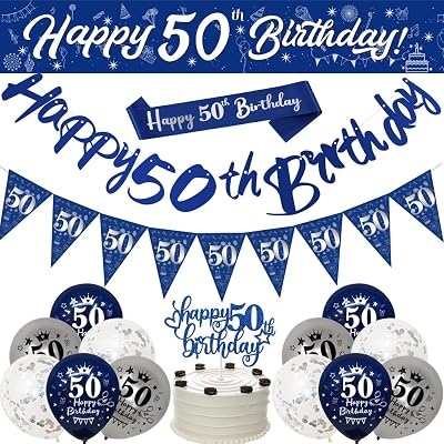 Yontree Navy Blue Silver 50th Birthday Decorations Set with Balloons & Banner