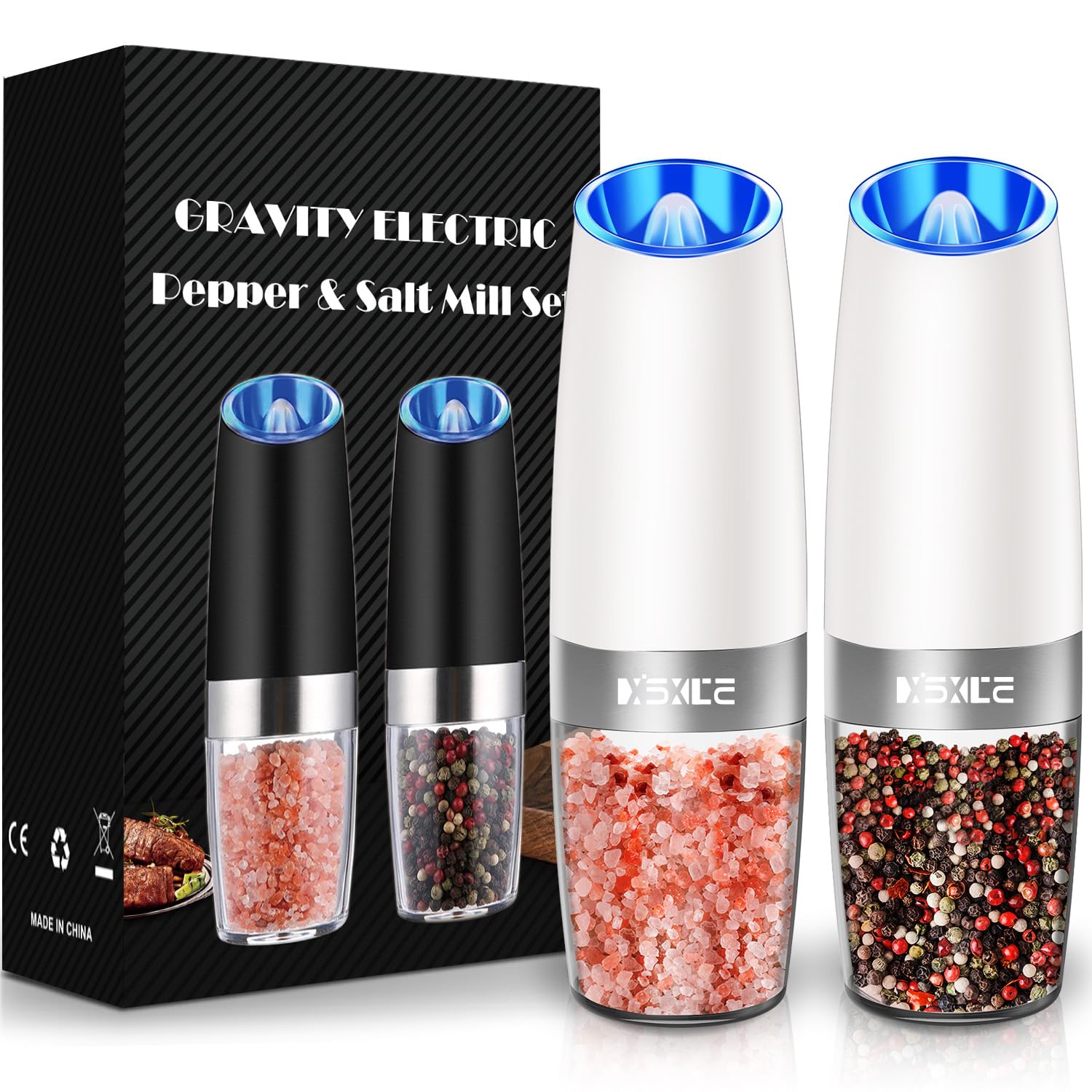 Photo 1 of XinXu Electric Pepper Grinder, Salt or Pepper Mill & Adjustable Coarseness, Battery Powered with LED Light, One Hand Automatic Operation (Set/Snow White)